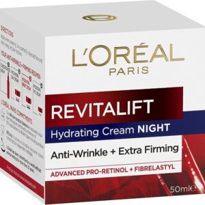 L'Oréal Paris Anti-Ageing Night Cream, With Pro-Retinol and Fibrelastyl, Hydrated & Smoother Skin, Revitalift, 50ml